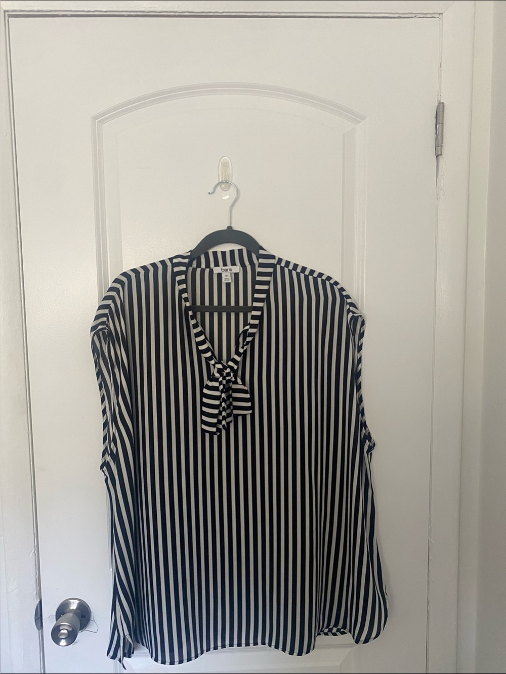 Bar III Black and White Striped Tie-Neck Blouse